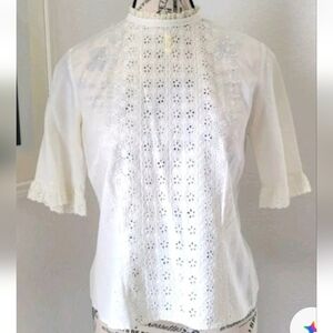 Vintage Cottagecore Eyelet Blouse Back Button-Up ILGWU Union Label 1950s 1960s